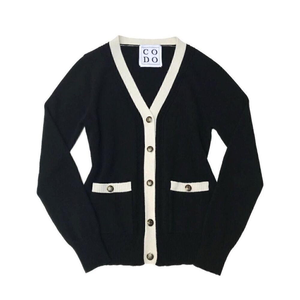CODO Women's S Button Down Cardigan Sweater Black Cream 100% Cashmere Old Money